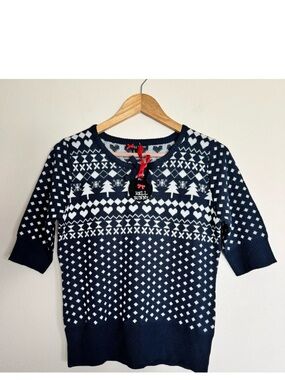 Hell Bunny Navy & White Fair Isle Short-Sleeve Knit Top Large